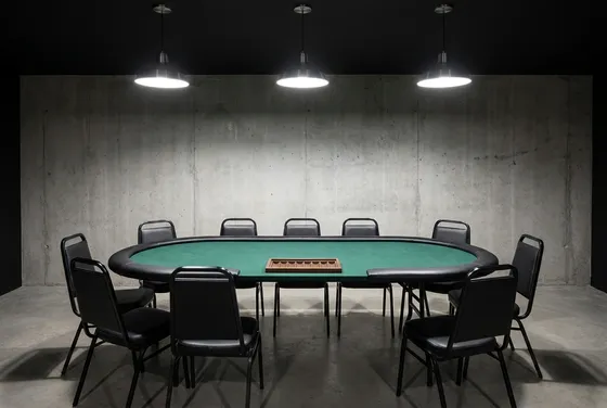 Illustration of an empty poker table with green felt and black chairs under three pendant lamps against a bare concrete wall