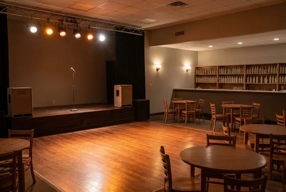 Illustration of an empty showroom with a low stage, a microphone stand, a wooden dance floor and round tables, stage lights on